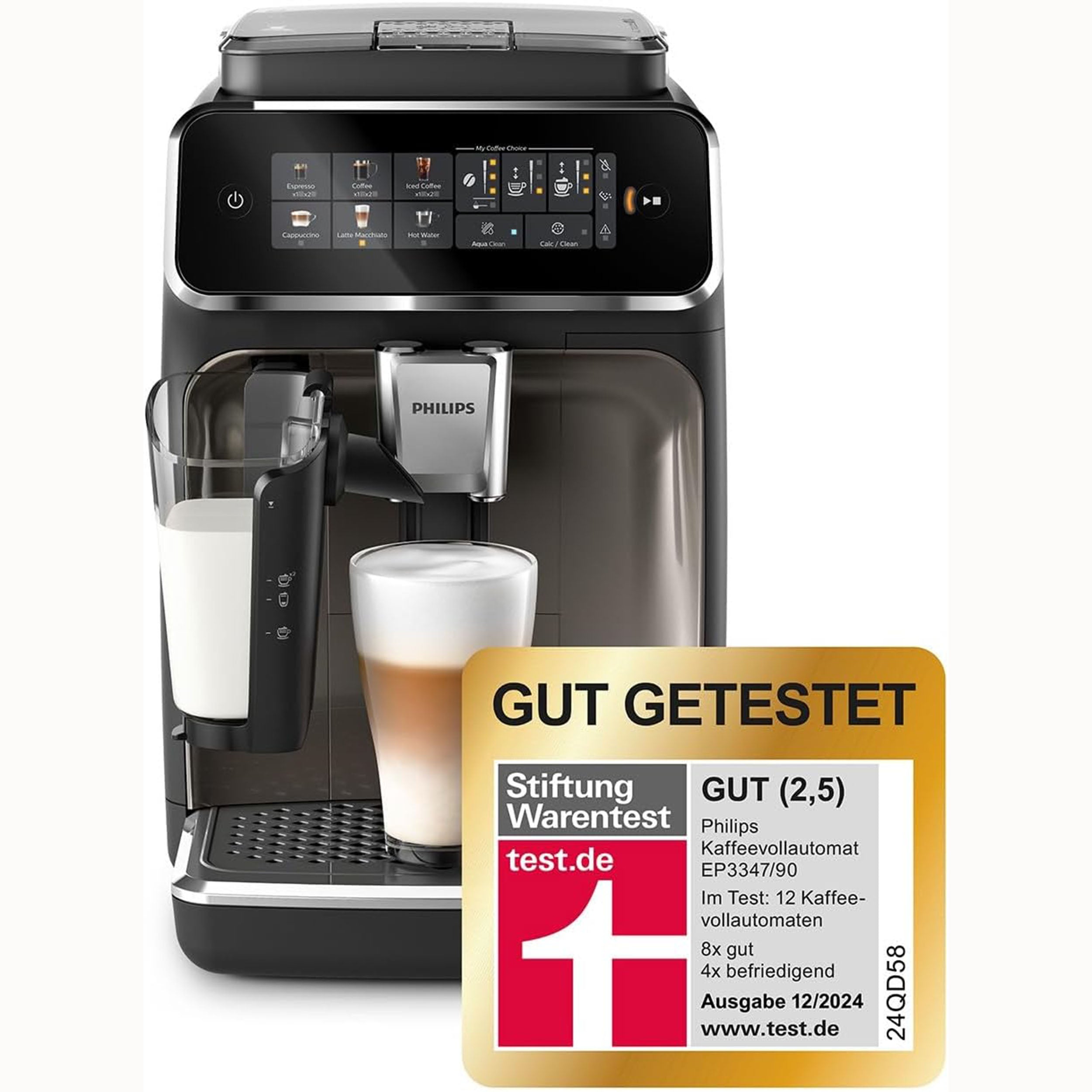 Philips Kaffeevollautomat 3300 Series EP3347/90 - 6 Getränke, Farb Touchscreen Display, LatteGo Milchsystem, SilentBrew, Keramikmahlwerk, AquaClean Filter - Schwarz/Chrom