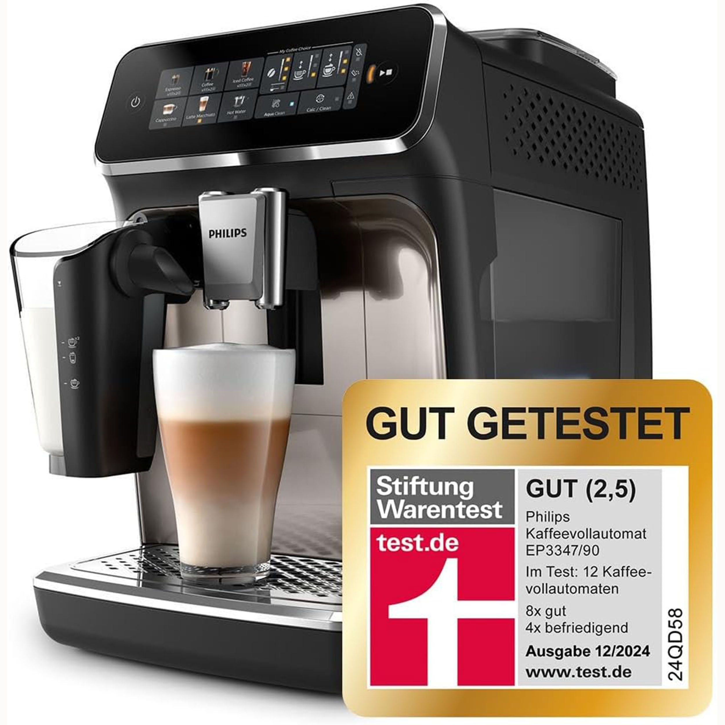 Philips Kaffeevollautomat 3300 Series EP3347/90 - 6 Getränke, Farb Touchscreen Display, LatteGo Milchsystem, SilentBrew, Keramikmahlwerk, AquaClean Filter - Schwarz/Chrom